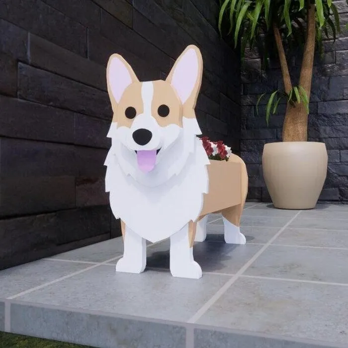 A whimsical dog-shaped planter filled with greenery placed on a doorstep, showcasing a finished DIY project in a home setting.